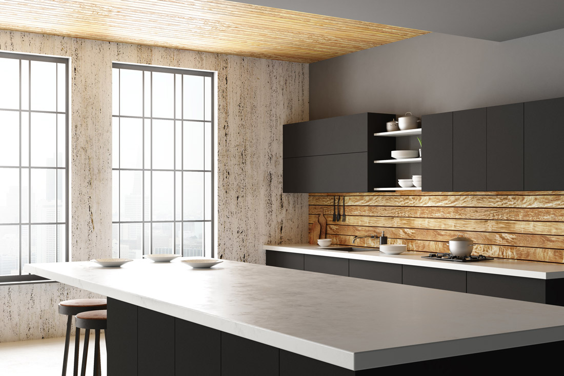 Stylish loft kitchen interior with furniture, appliances, city view and daylight. Side view. 3D Rendering